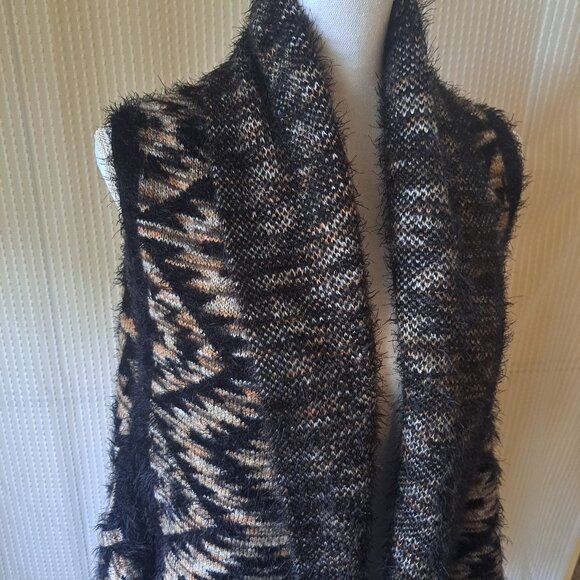 Women's Black Print Eyelash Open Front Shawl Collar Sweater Vest Size Large - Picture 6 of 8